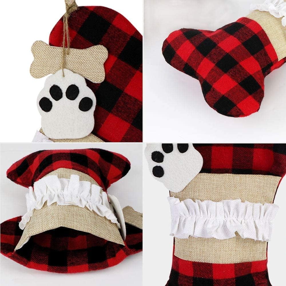Pet Dog Christmas Stockings, Plaid Large Bone Shape Pets Stockings, Classic Hanging Stockings for Christmas Decorations