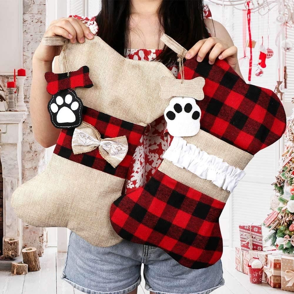 Pet Dog Christmas Stockings, Plaid Large Bone Shape Pets Stockings, Classic Hanging Stockings for Christmas Decorations
