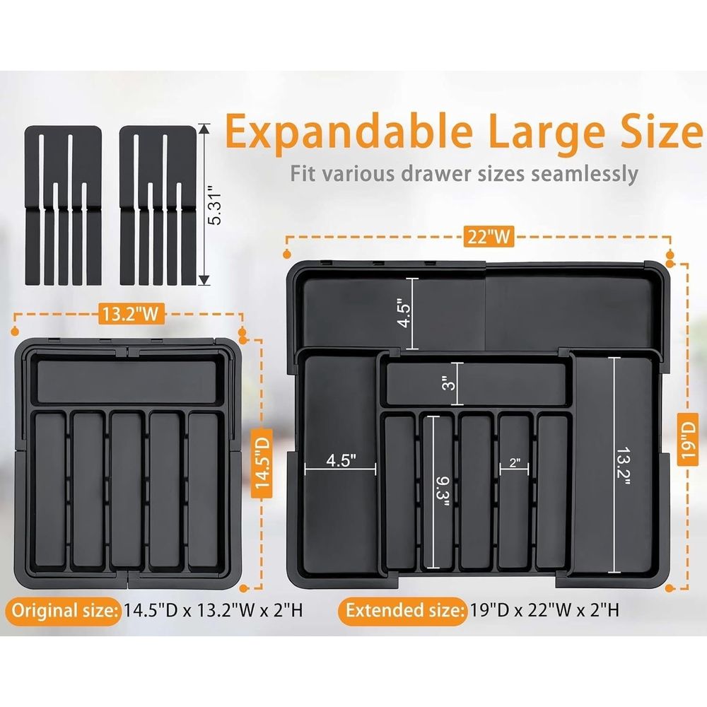 Expandable Kitchen Utensil Drawer Tray - Adjustable Silverware Organizer with 9 Compartments for Forks Knives and Spoons - Large Cutlery Tray Fits Standard Drawers 13.2 to 22 Inch Wide