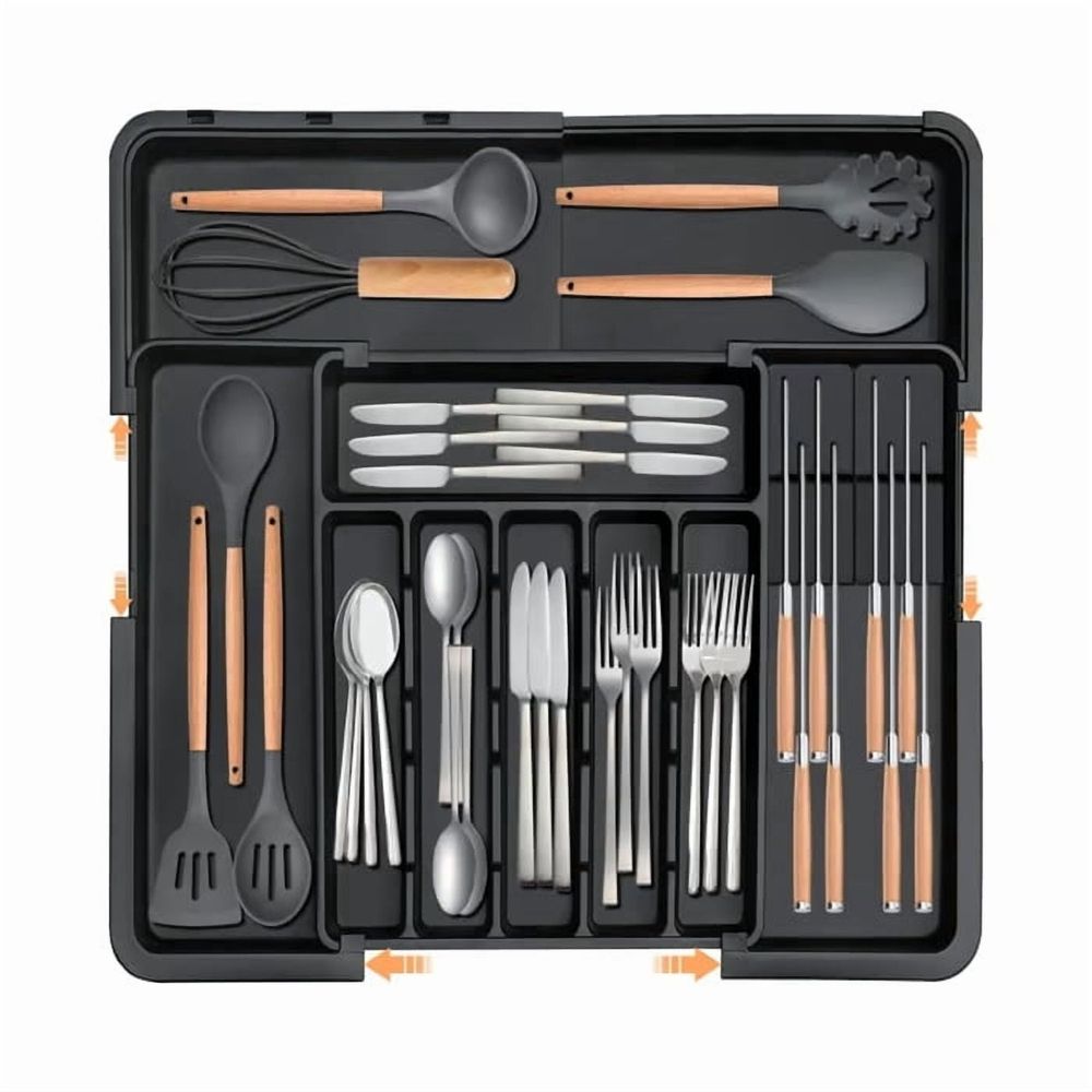 Expandable Kitchen Utensil Drawer Tray - Adjustable Silverware Organizer with 9 Compartments for Forks Knives and Spoons - Large Cutlery Tray Fits Standard Drawers 13.2 to 22 Inch Wide