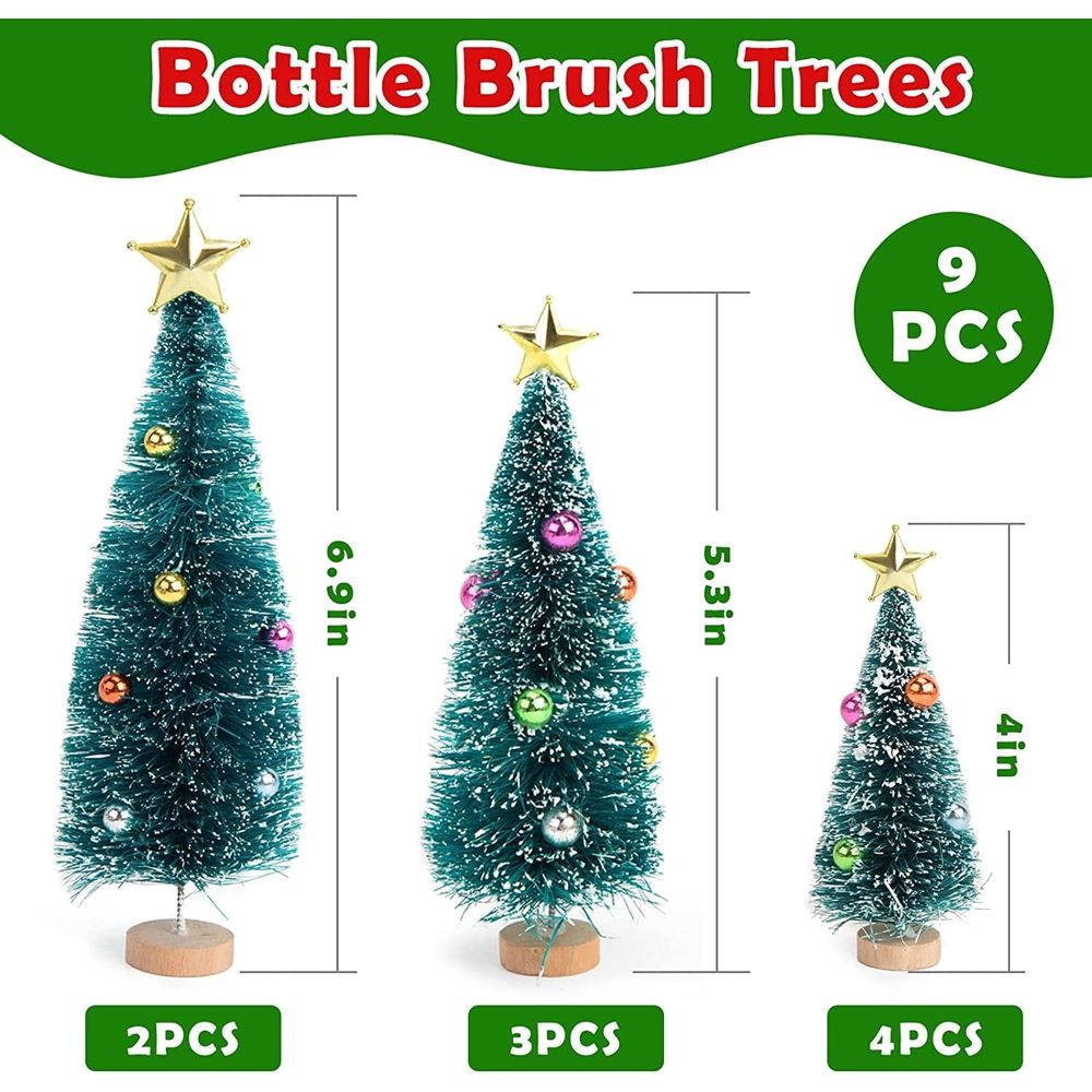 9PCS Bottle Brush Trees with Topper Ornaments, Mini Christmas Trees Sisal Snow Frost Trees with Wood Base for Christmas DIY Decoration Table Top Decoration Diorama Tree Models