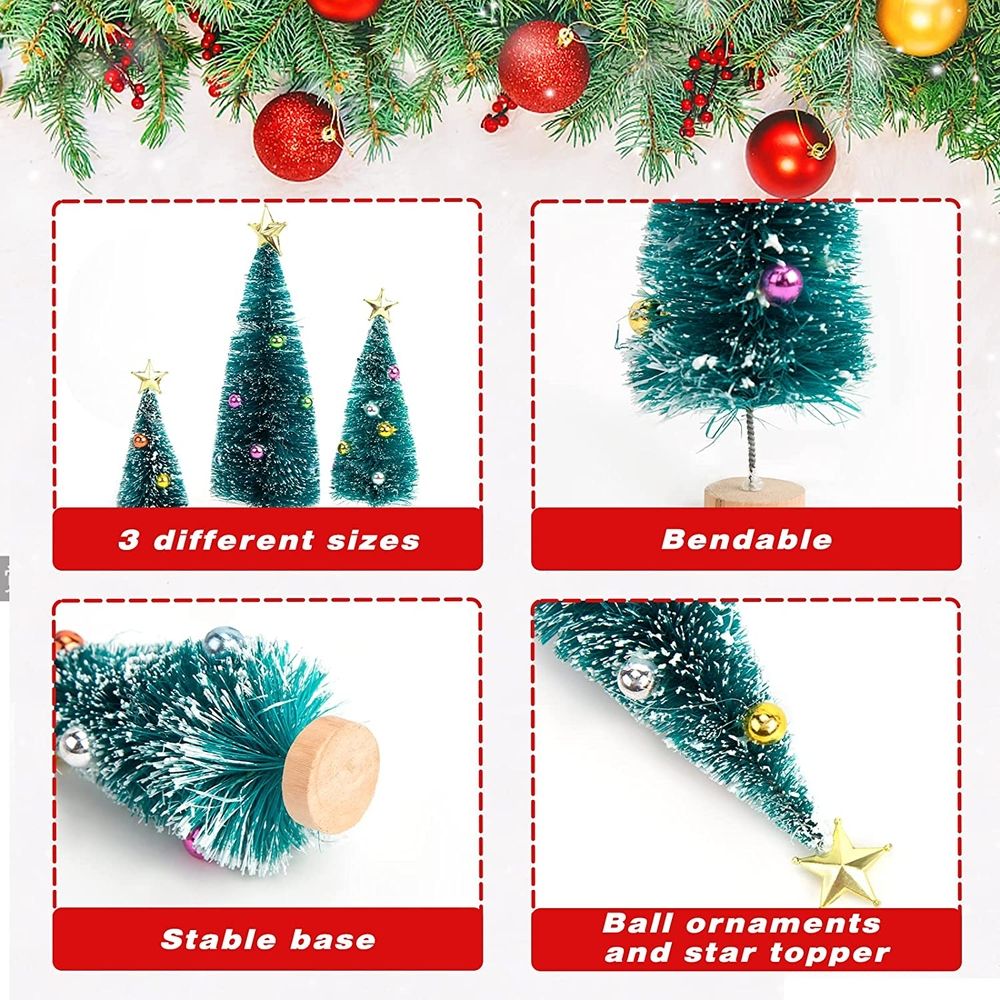 9PCS Bottle Brush Trees with Topper Ornaments, Mini Christmas Trees Sisal Snow Frost Trees with Wood Base for Christmas DIY Decoration Table Top Decoration Diorama Tree Models