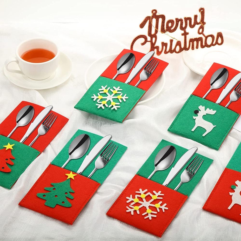 10PCS Christmas Silverware Holder Pocket Tableware Cutlery Organizers Felt Xmas Tree Snowman Reindeer Snowflake Stocking Knife Fork Flatware Bags Christmas Party Dinner Table Supplies