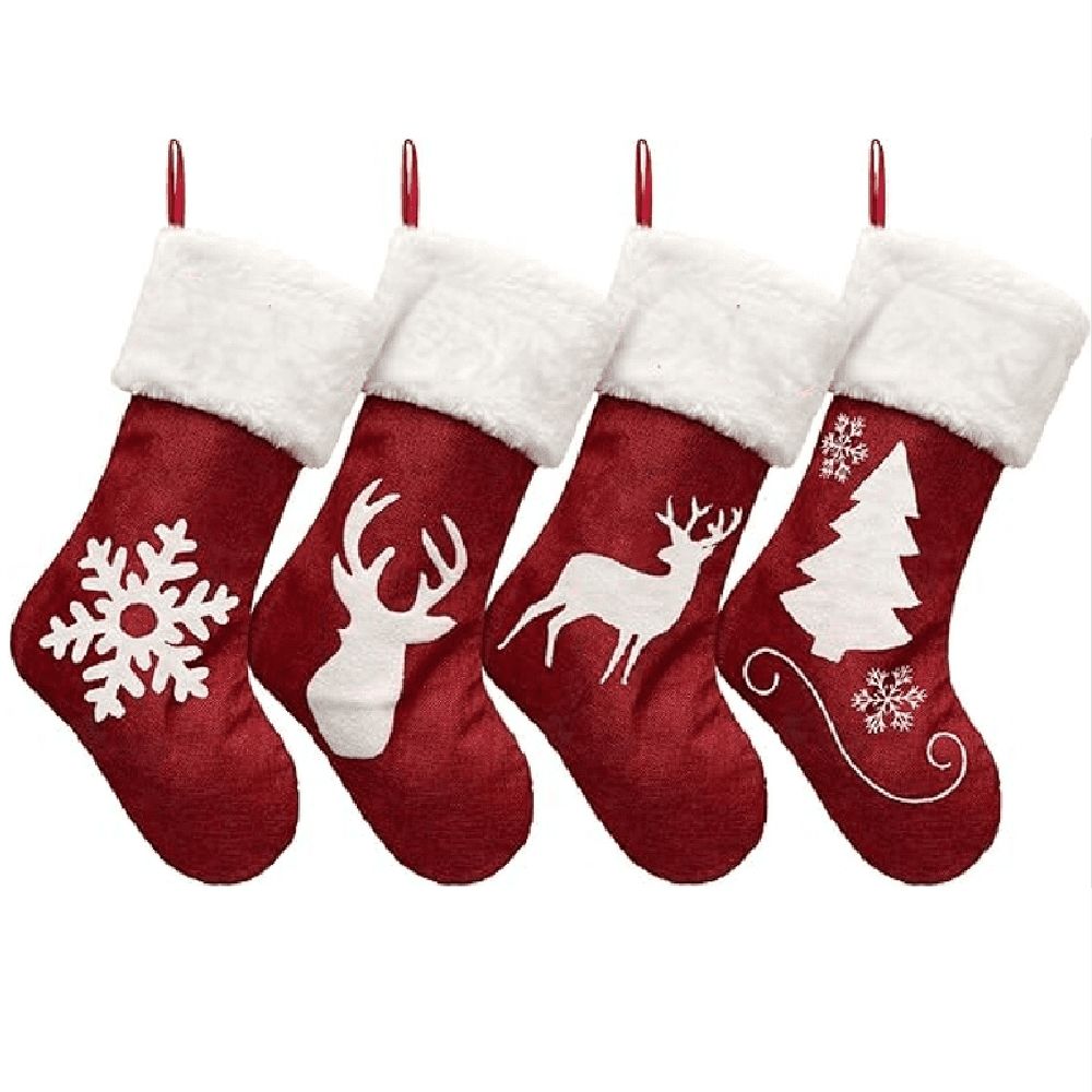 18 Inches Christmas Stockings, Large Super Soft Christmas Stockings Red Velvet with White Super Soft Plush Cuff for Christmas Xmas Tree Fireplace Family Decor Gifts(Deer,Snowflake,Christmas tree)