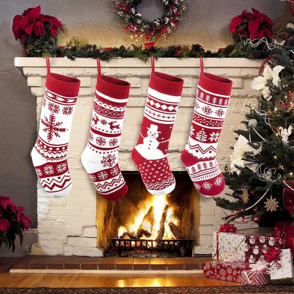 4 Pack Christmas Stockings 18 Inches Large Size Cable Knitted Stocking Gifts & Decorations for Family Holiday Xmas Party, Ivory White and Burgundy