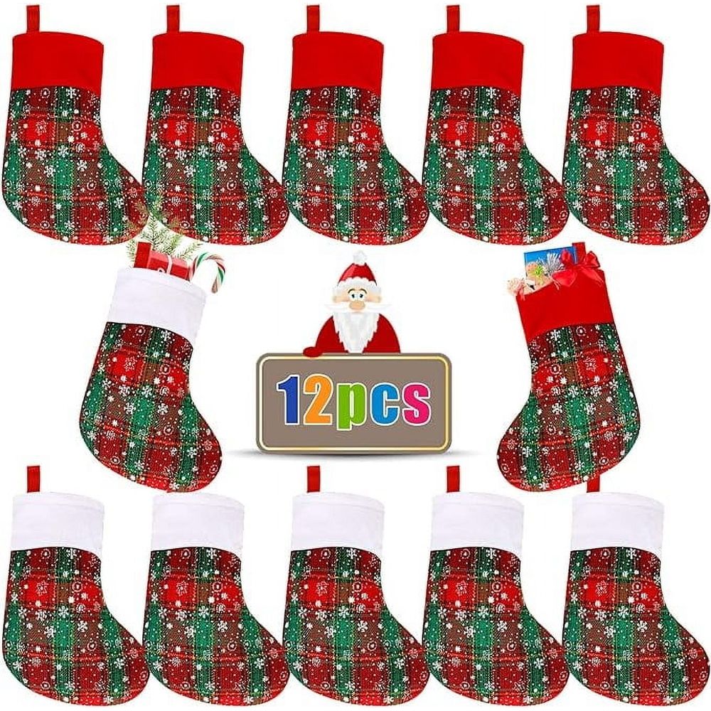 Mini Christmas Stockings, 12 Pack Small Buffalo Plaid Stocking Snowflake Red Green Stockings Bulk for Christmas Tree Ornament Decorations Gift Holder(9 Inches)