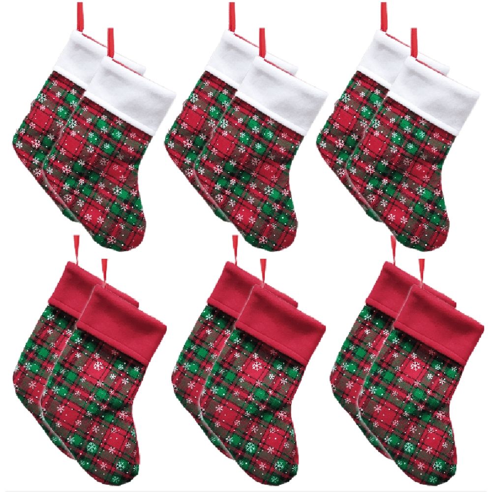 Mini Christmas Stockings, 12 Pack Small Buffalo Plaid Stocking Snowflake Red Green Stockings Bulk for Christmas Tree Ornament Decorations Gift Holder(9 Inches)