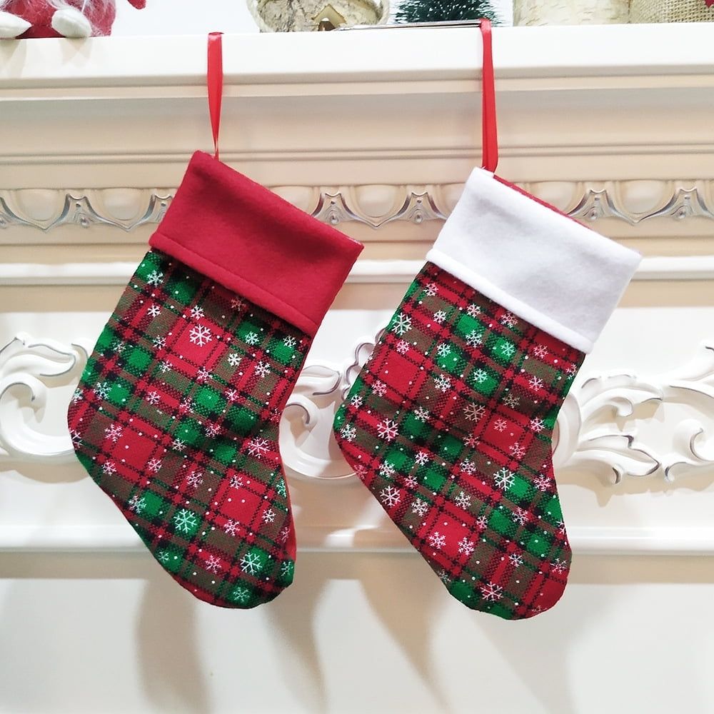 Mini Christmas Stockings, 12 Pack Small Buffalo Plaid Stocking Snowflake Red Green Stockings Bulk for Christmas Tree Ornament Decorations Gift Holder(9 Inches)