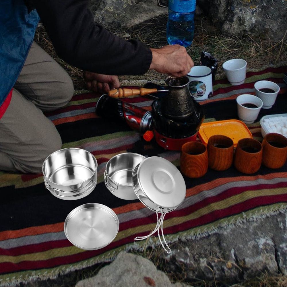 Lightweight Stainless Steel Camping Cookware Set, Portable Outdoor Hiking Pot and Pan for Travel Cooking, 1 Set