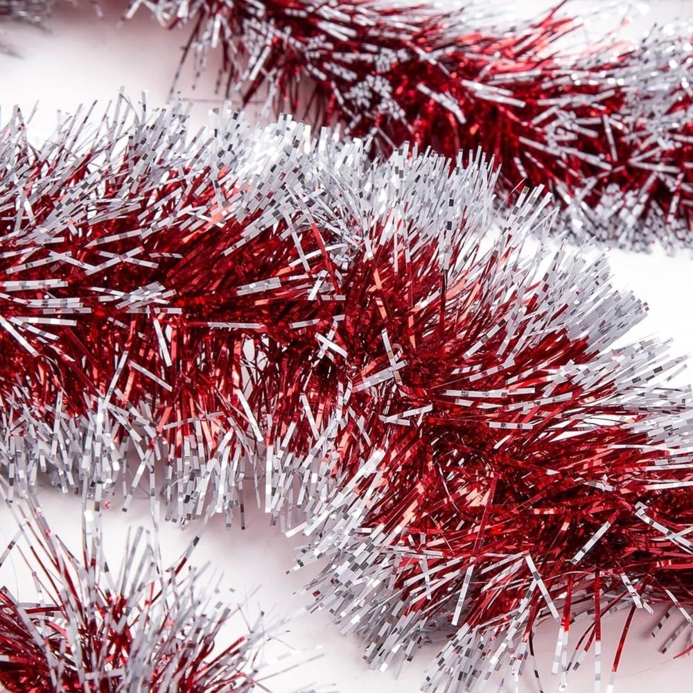 Christmas Tinsel Garland, Red and White Christmas Tree Garland Decorations, Metallic Tinsel Glitter Twist Garlands, Hanging Streamers for Indoor Xmas Holiday Decor, 1 Pcs, 3.5 In x 6.6 Ft