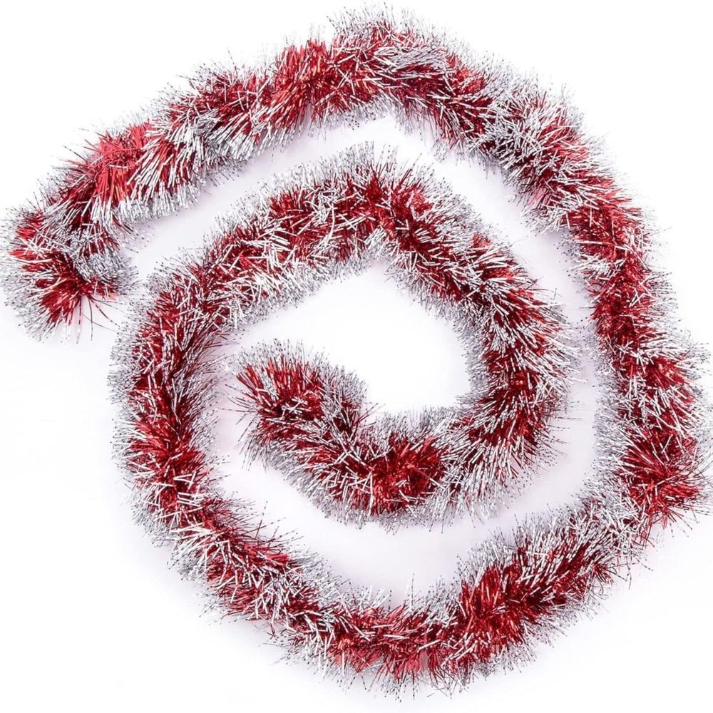 Christmas Tinsel Garland, Red and White Christmas Tree Garland Decorations, Metallic Tinsel Glitter Twist Garlands, Hanging Streamers for Indoor Xmas Holiday Decor, 1 Pcs, 3.5 In x 6.6 Ft