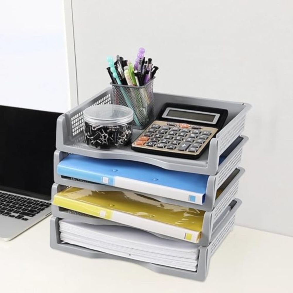 Stackable Paper Trays, Heavy Duty Rectangular Plastic Desk Holder Desktop Document File Organizer Storage Letter for Office Classroom (Grey) 12.8x9.84x2.16