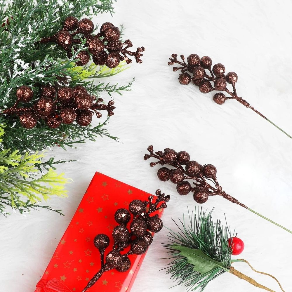 Glitter Berry Stems for Christmas Tree Ornaments, 20Pcs Brown Picks and Sprays Artificial Branches Xmas Tree Filler Holiday Wreath Garland Decorations Home Décor, 8.66 Inches
