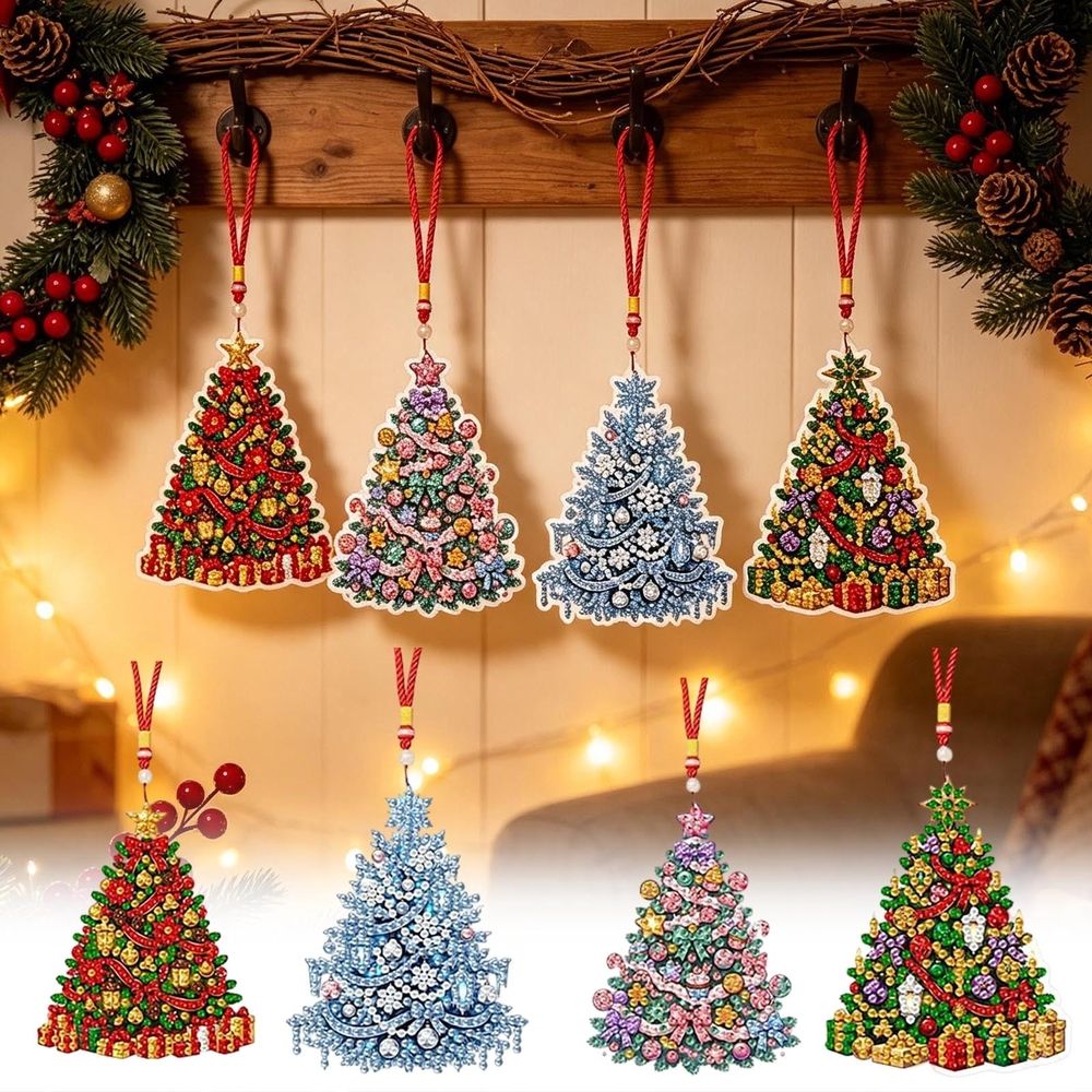 4Pcs Diamond Art Kit for Adult Christmas Tree DIY Mini Diamonds Painting Ornament Kit Acrylic Diamond Art Painting Window Christmas Tree Decor