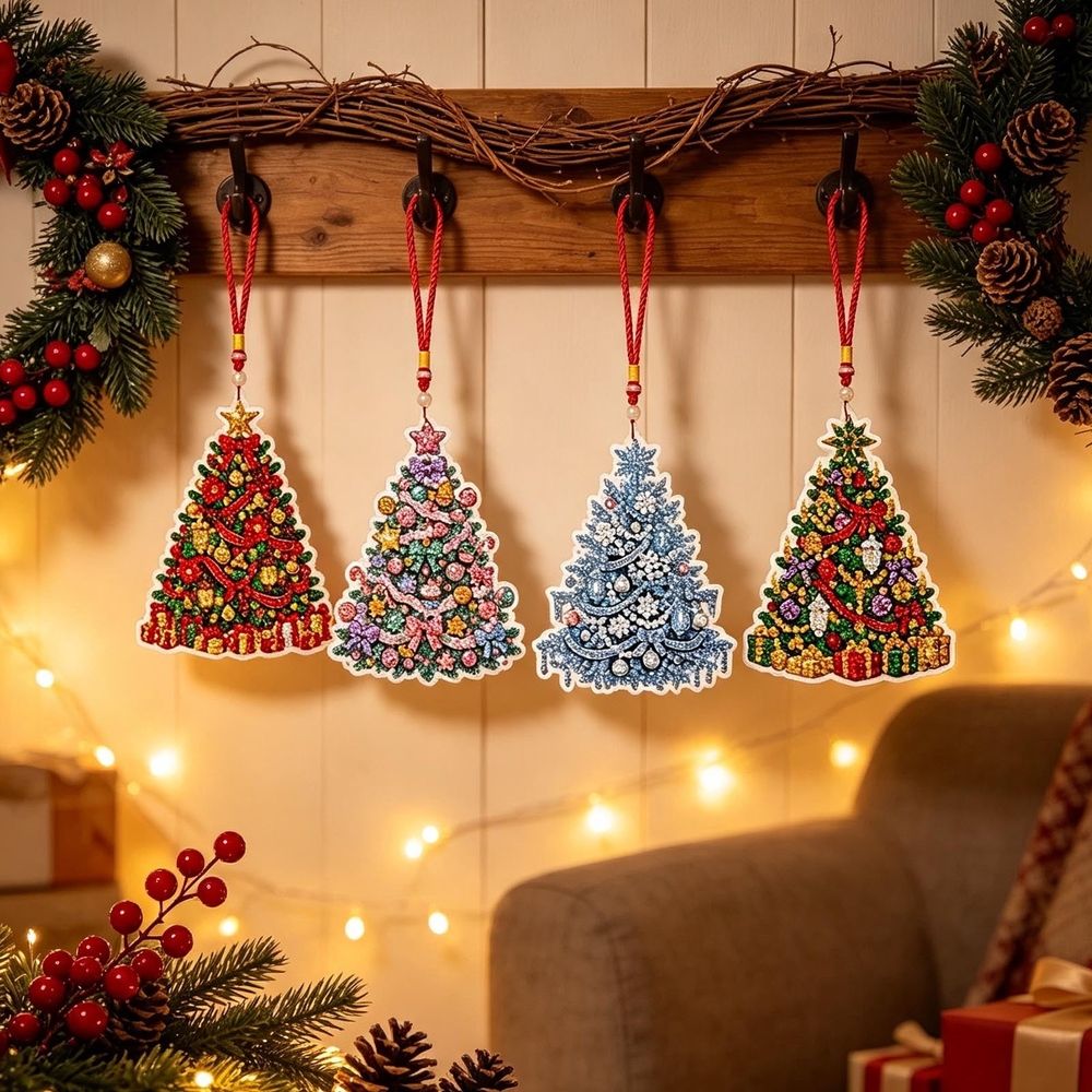 4Pcs Diamond Art Kit for Adult Christmas Tree DIY Mini Diamonds Painting Ornament Kit Acrylic Diamond Art Painting Window Christmas Tree Decor