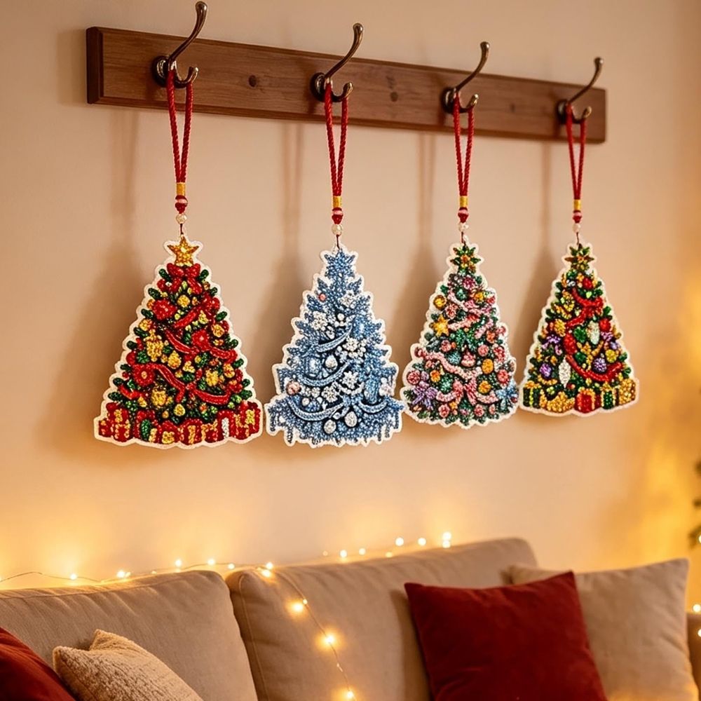 4Pcs Diamond Art Kit for Adult Christmas Tree DIY Mini Diamonds Painting Ornament Kit Acrylic Diamond Art Painting Window Christmas Tree Decor