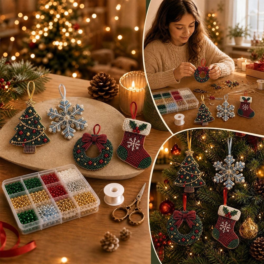 Christmas Diamonds Art Kits Painting Kits DIY Pearl Art Kits For Adults Pendants Hanging for Christmas Tree Party Decoration(A Set of 4 Pieces)