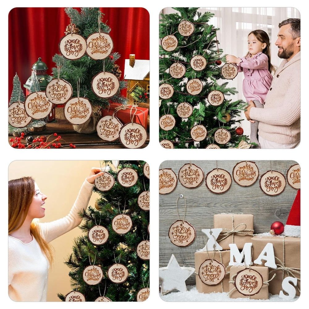 1 Pack Hand-Carved Natural Wood Slice Christmas Tree Ornaments, Rustic Hanging Pendants for Holiday Decoration