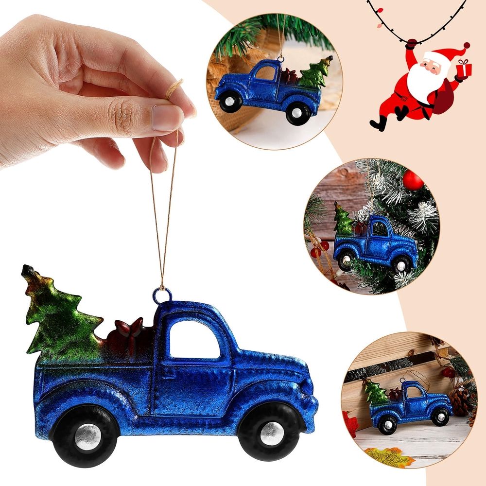 Festive Blue Christmas Truck Pendant Iron Glass Easy to Decorate 1Pc