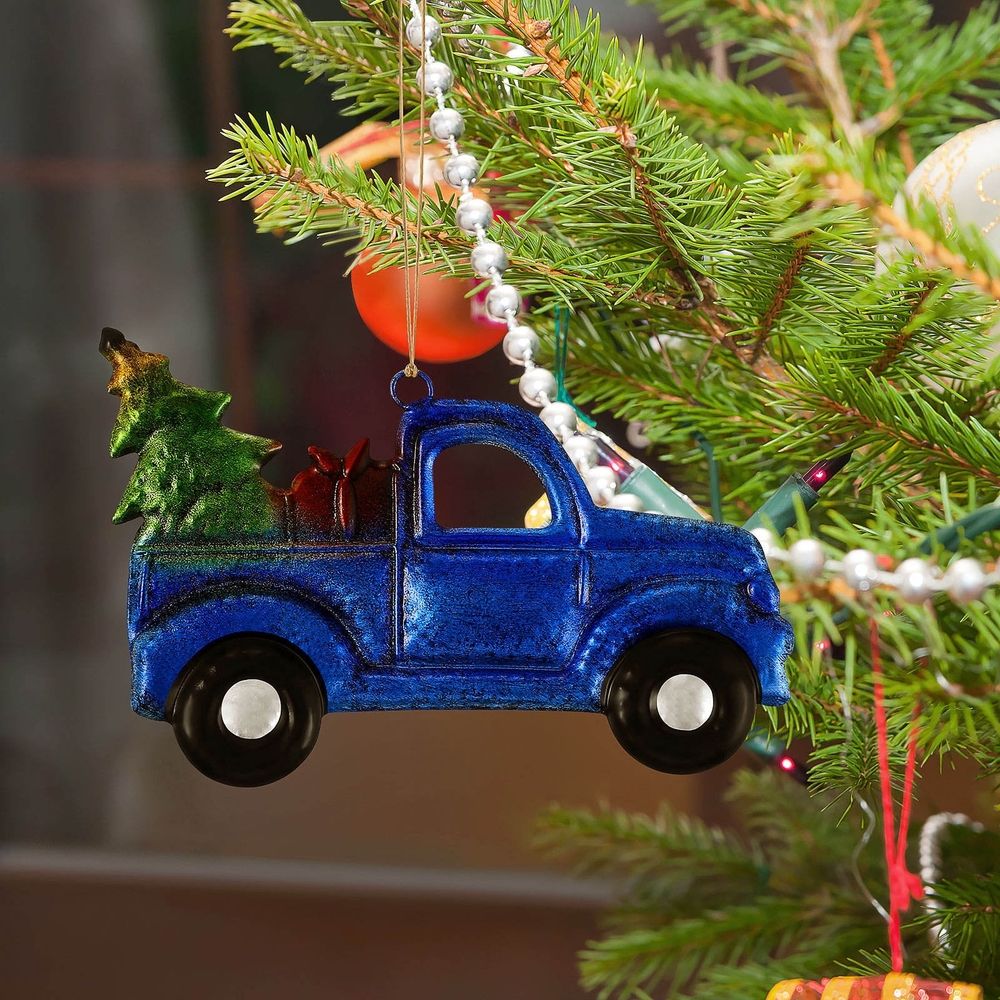 Festive Blue Christmas Truck Pendant Iron Glass Easy to Decorate 1Pc