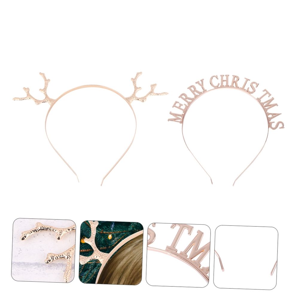 2Pcs Cute Reindeer Antlers Headband for Christmas Celebration in Gold