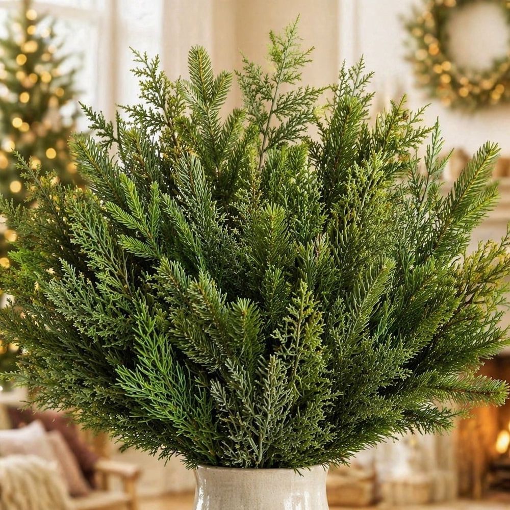 20Pcs Artificial Pine Branches, 12" Faux Pine Stems Cedar Leaves Needle Sprigs Plastic Fake Christmas Greenery Pine Picks for Xmas Tree Wreaths Garlands DIY Accessories Home Decor (Green, 4 Styles)