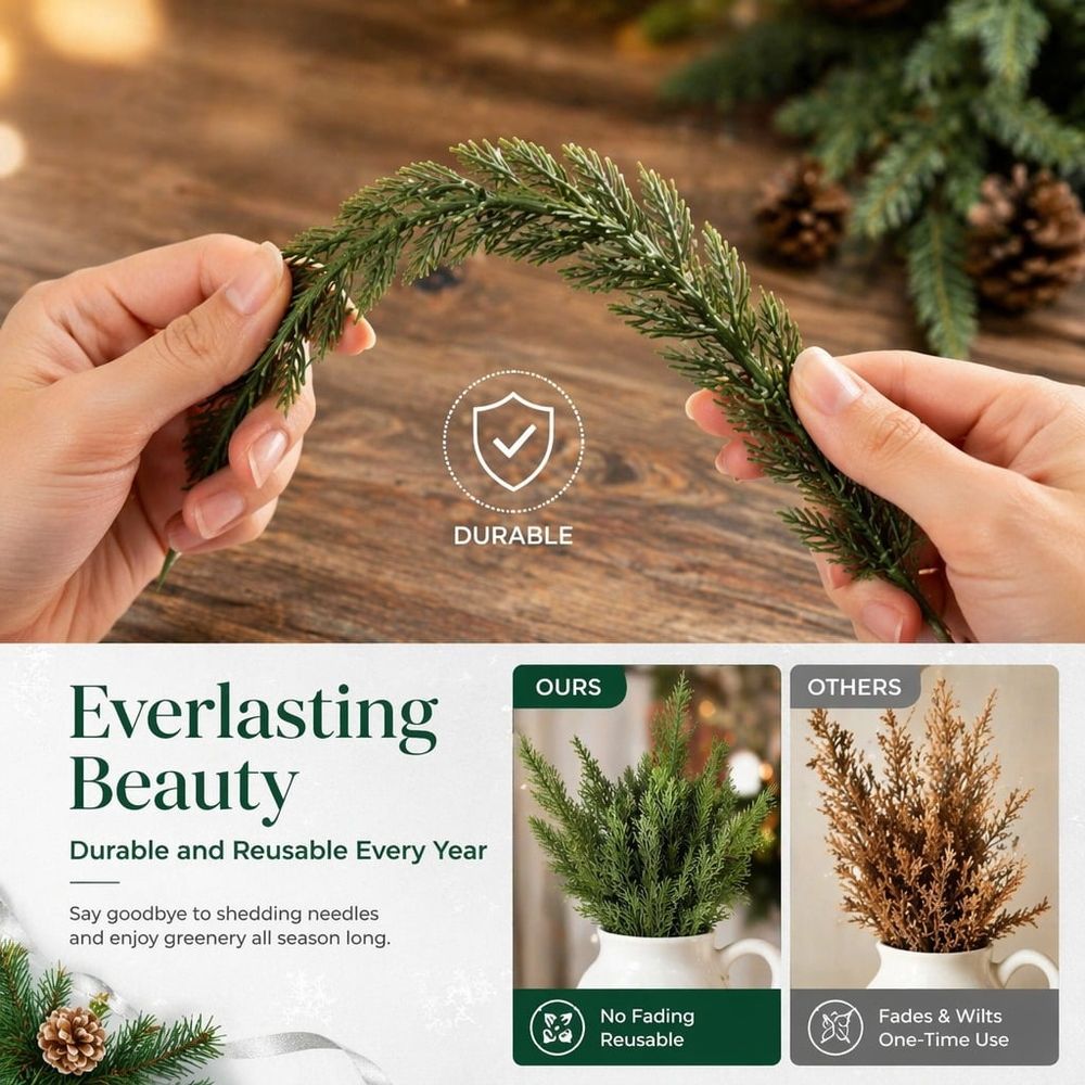 20Pcs Artificial Pine Branches, 12" Faux Pine Stems Cedar Leaves Needle Sprigs Plastic Fake Christmas Greenery Pine Picks for Xmas Tree Wreaths Garlands DIY Accessories Home Decor (Green, 4 Styles)