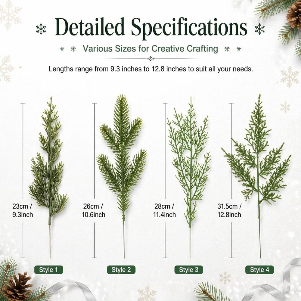 20Pcs Artificial Pine Branches, 12" Faux Pine Stems Cedar Leaves Needle Sprigs Plastic Fake Christmas Greenery Pine Picks for Xmas Tree Wreaths Garlands DIY Accessories Home Decor (Green, 4 Styles)