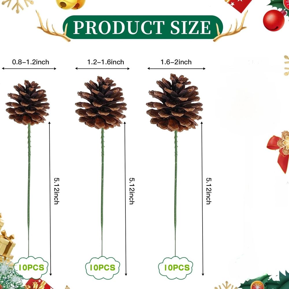 30Pcs Christmas Natural Pine Cones, 3 Assorted Sizes Rustic Natural Pine Cone for Craft, Pinecones with Wired Pick Pinecones Ornaments for Christmas Tree Decoration Thanksgiving Fall Home Decor