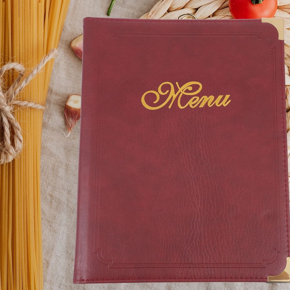 1Pc Restaurant Menu Book Red Durable Folder with Slide in Page Design and Rounded Corners