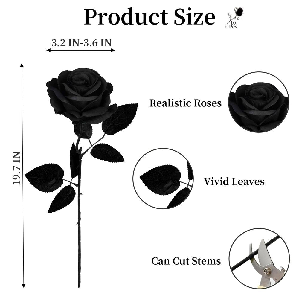 10pcs Black Rose Artificial Flower,Artificial Rose Silk Flower 50cm Fake Black Flowers Rose Blossom Bridal Bouquet for Home Wedding Decor(Black)