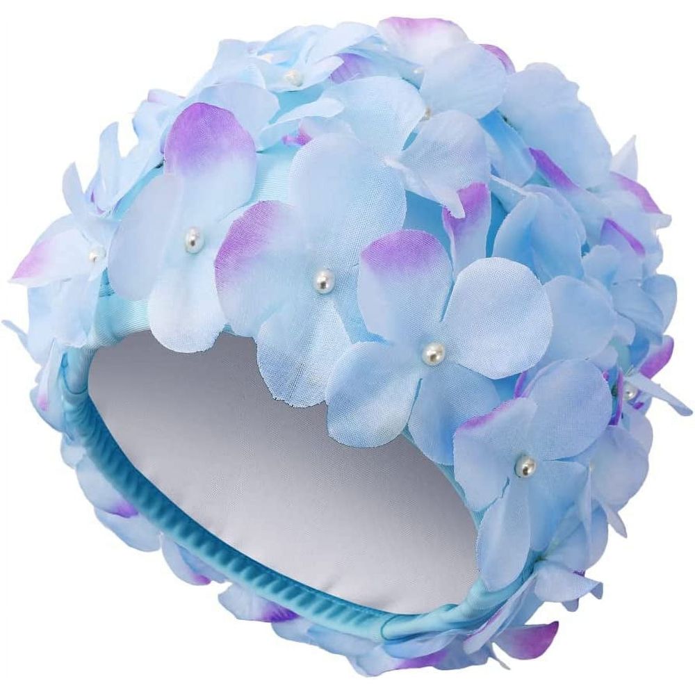 Women Retro Swim Cap, Floral Petal Bathing Cap Long Short Hair Elastic Swimming Turban with Flowers & Pearls