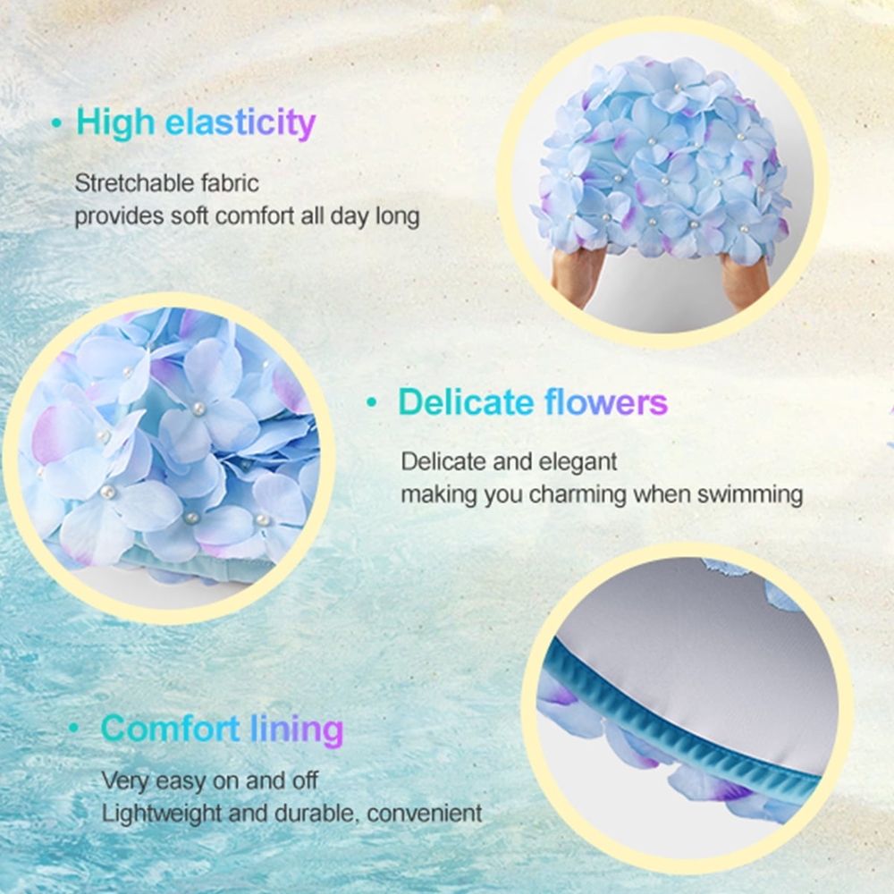 Women Retro Swim Cap, Floral Petal Bathing Cap Long Short Hair Elastic Swimming Turban with Flowers & Pearls