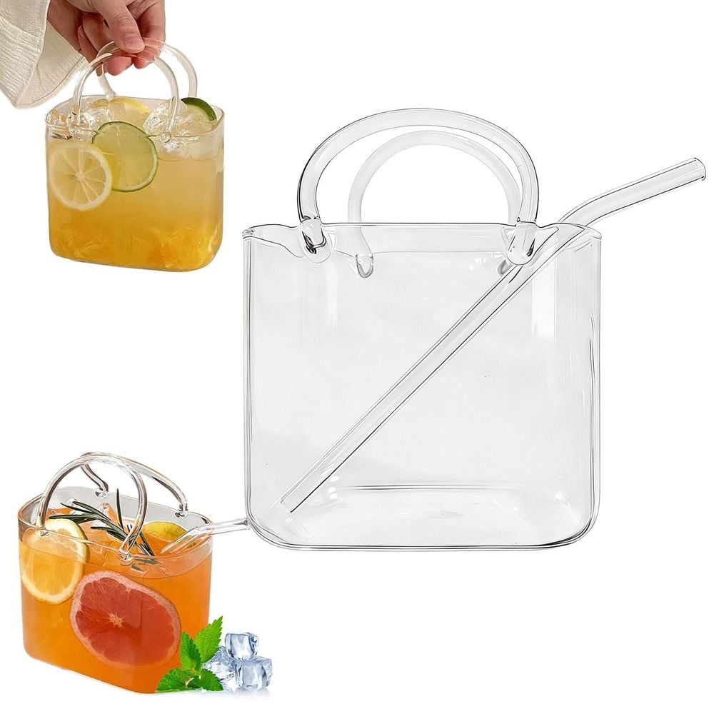 Clear Glass Purse Drinking Cup with Handle & Straw - Handbag Shaped Vase for Juice, Mocktails, Flowers & Cute Room Decor (14x12 cm)