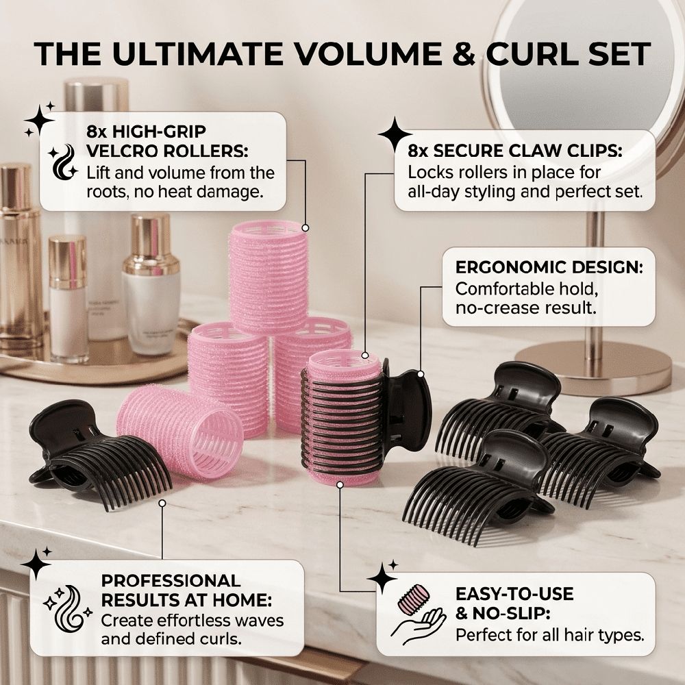 ROSEXIXI 16Pcs Hair Rollers Set, Heat Resistant Insulated Clips Hot Rollers, Universal Hair Styling Accessories for Women Medium Long Hair DIY Home Use
