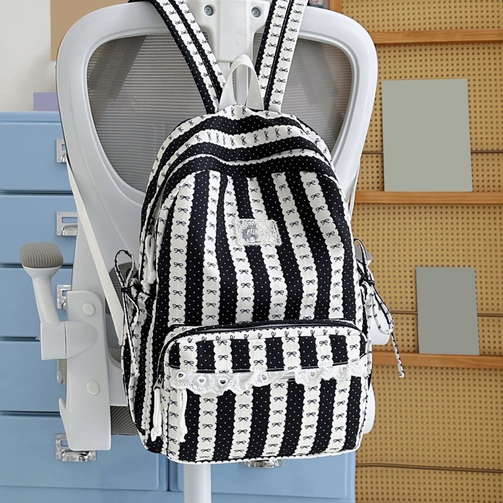 Stripe School Backpack, Cute Aesthetic Backpack with Bowknot, Spacious Lace Trim Bag for Travel College Work (Green)