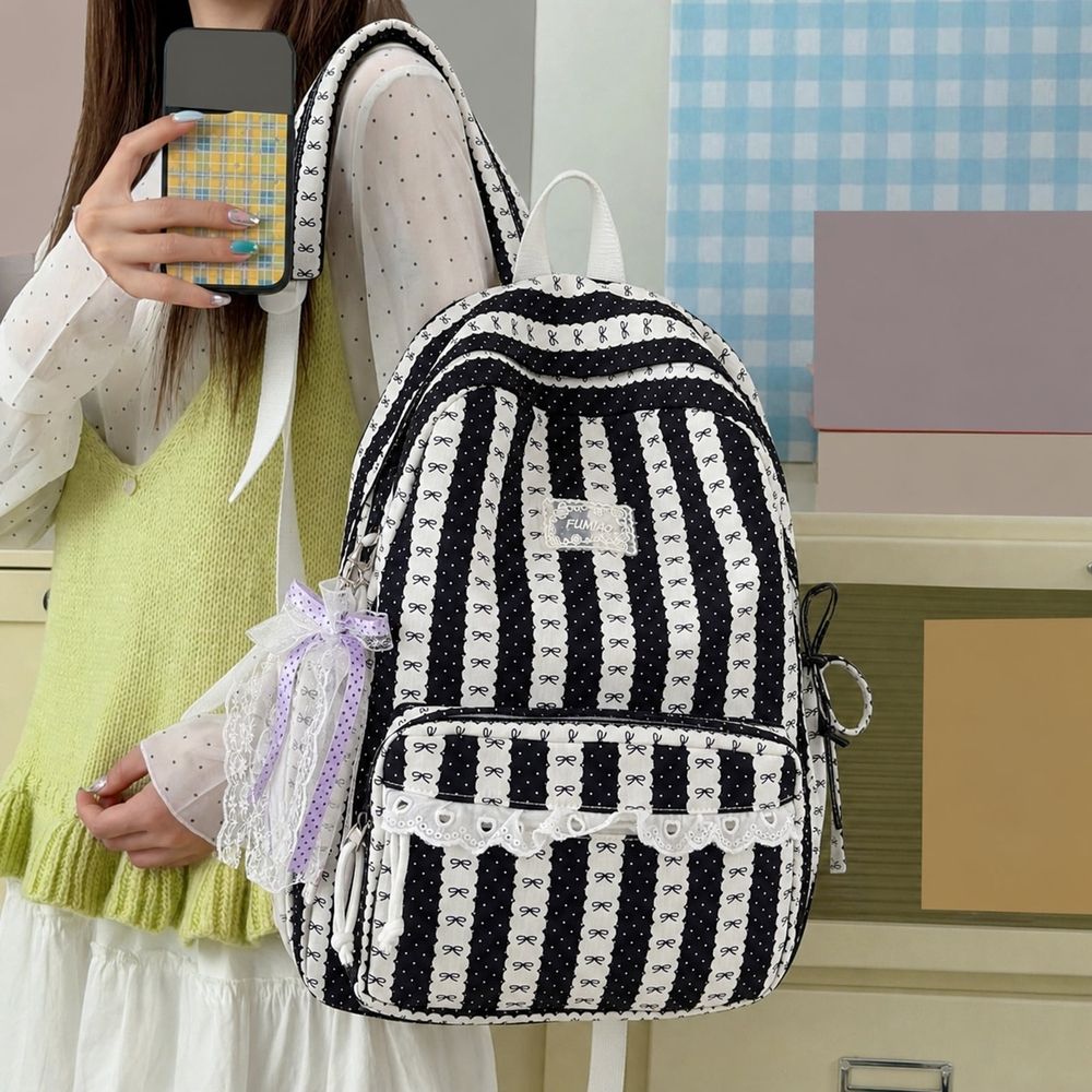 Stripe School Backpack, Cute Aesthetic Backpack with Bowknot, Spacious Lace Trim Bag for Travel College Work (Green)