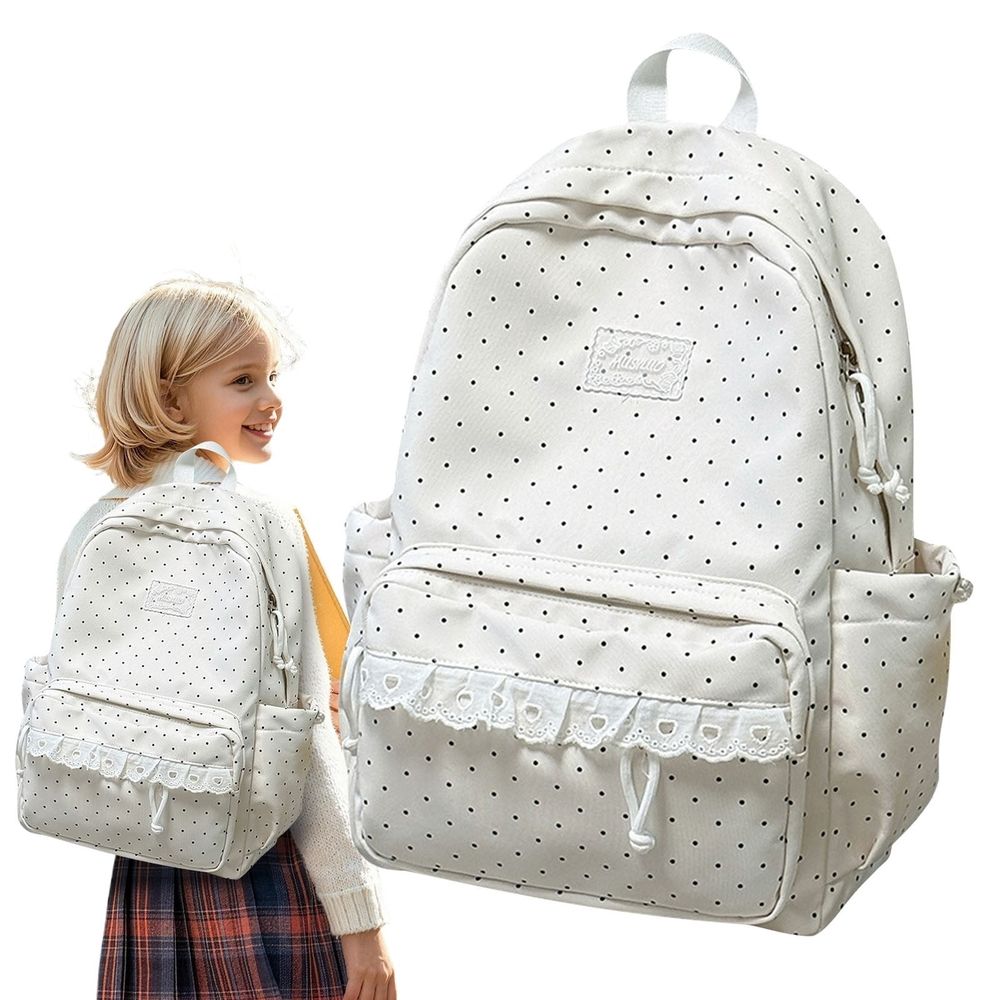Coquette Polka Dot Backpack, Pink Aesthetic Bookbag, Kawaii Casual Daypack with Heart Lace Trim, Large Capacity Laptop Daypack with Multiple Pockets, Lightweight Travel Rucksack for Women