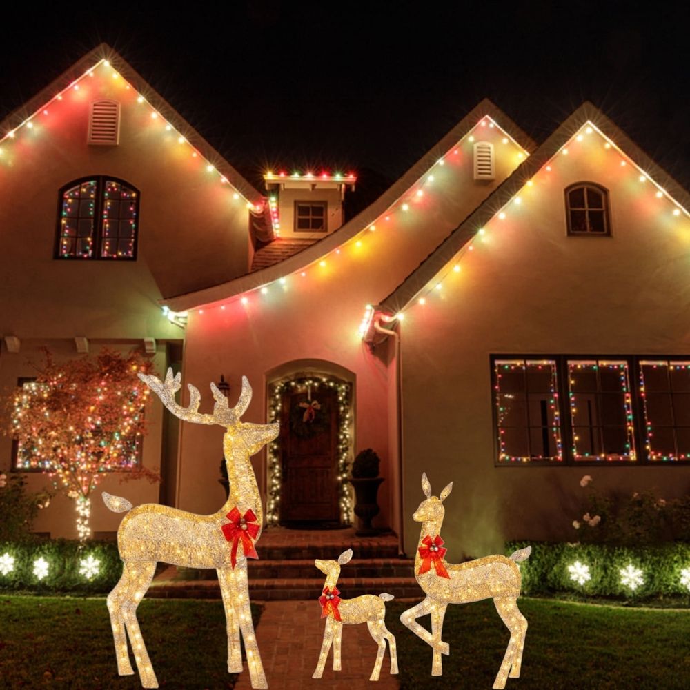 Set of 3 Shining Reindeer Christmas Decorations – LED Light-Up Deer Family, Outdoor & Indoor Holiday Décor, Magical Christmas Tale, Fawn, Doe, and Stag with Red Bow, Great Gift Idea