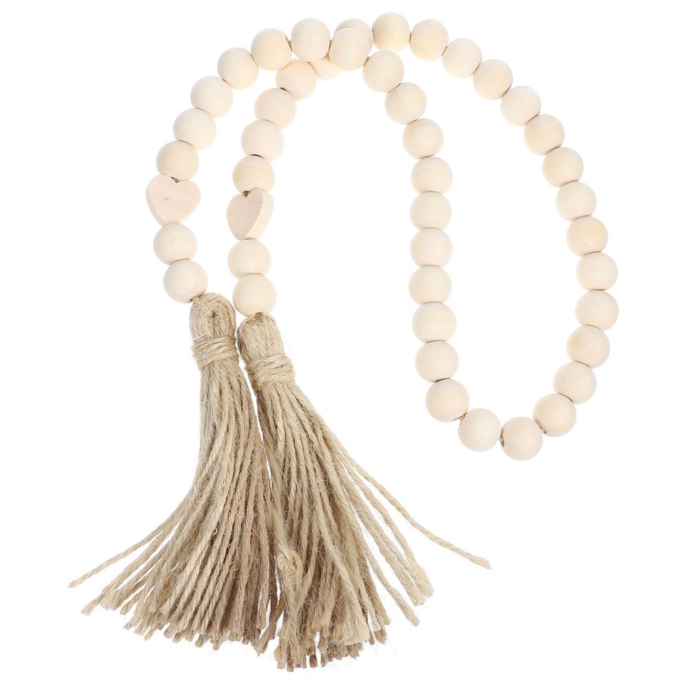 Ivory Wooden Beads Garland with Tassels, Rustic Farmhouse Wall Hanging Decor, Boho Style Home Decoration