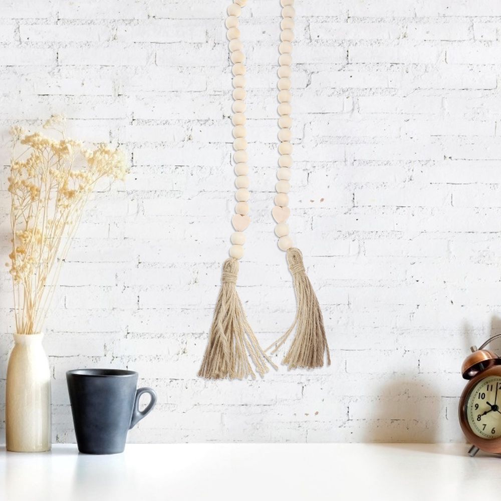 Ivory Wooden Beads Garland with Tassels, Rustic Farmhouse Wall Hanging Decor, Boho Style Home Decoration
