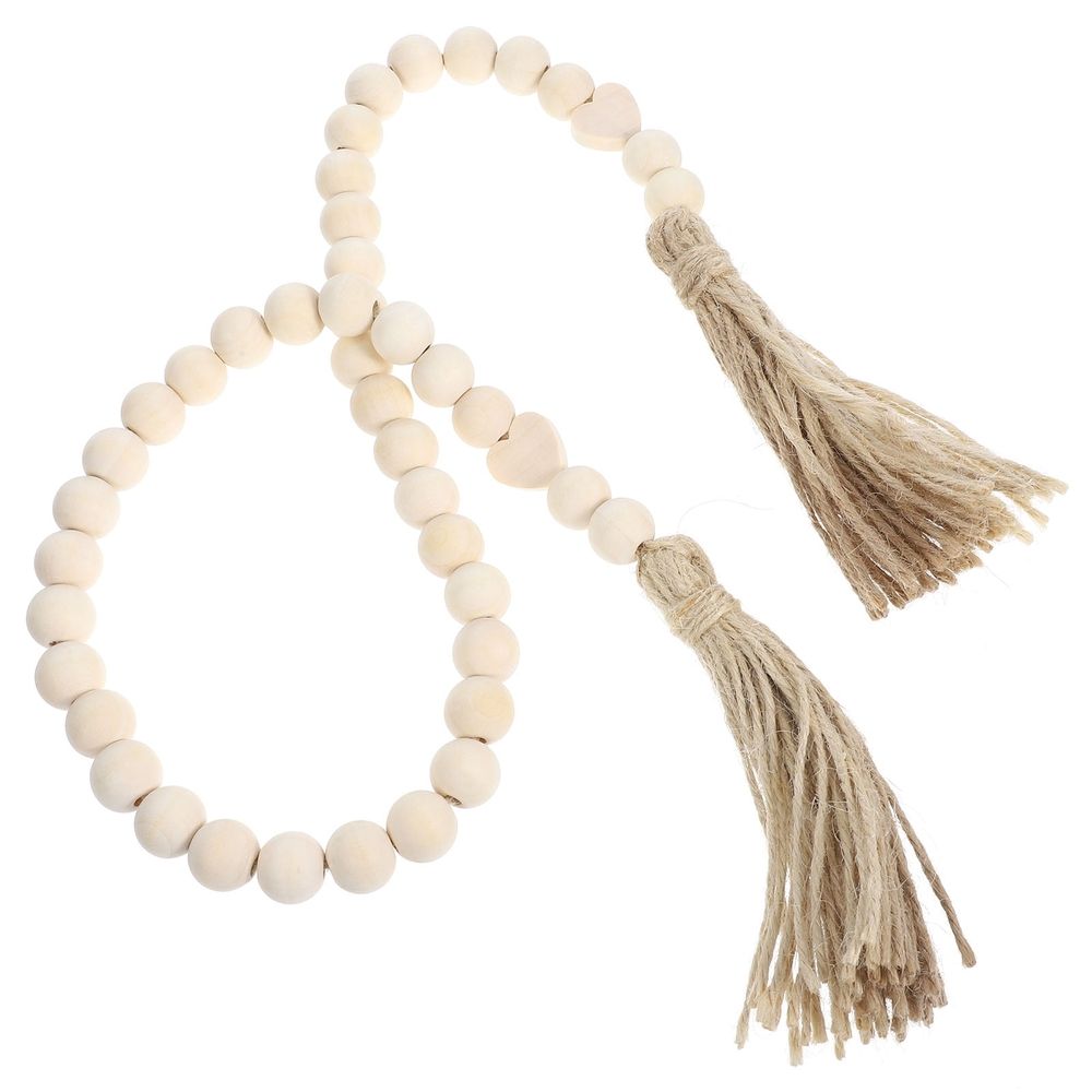 Ivory Wooden Beads Garland with Tassels, Rustic Farmhouse Wall Hanging Decor, Boho Style Home Decoration