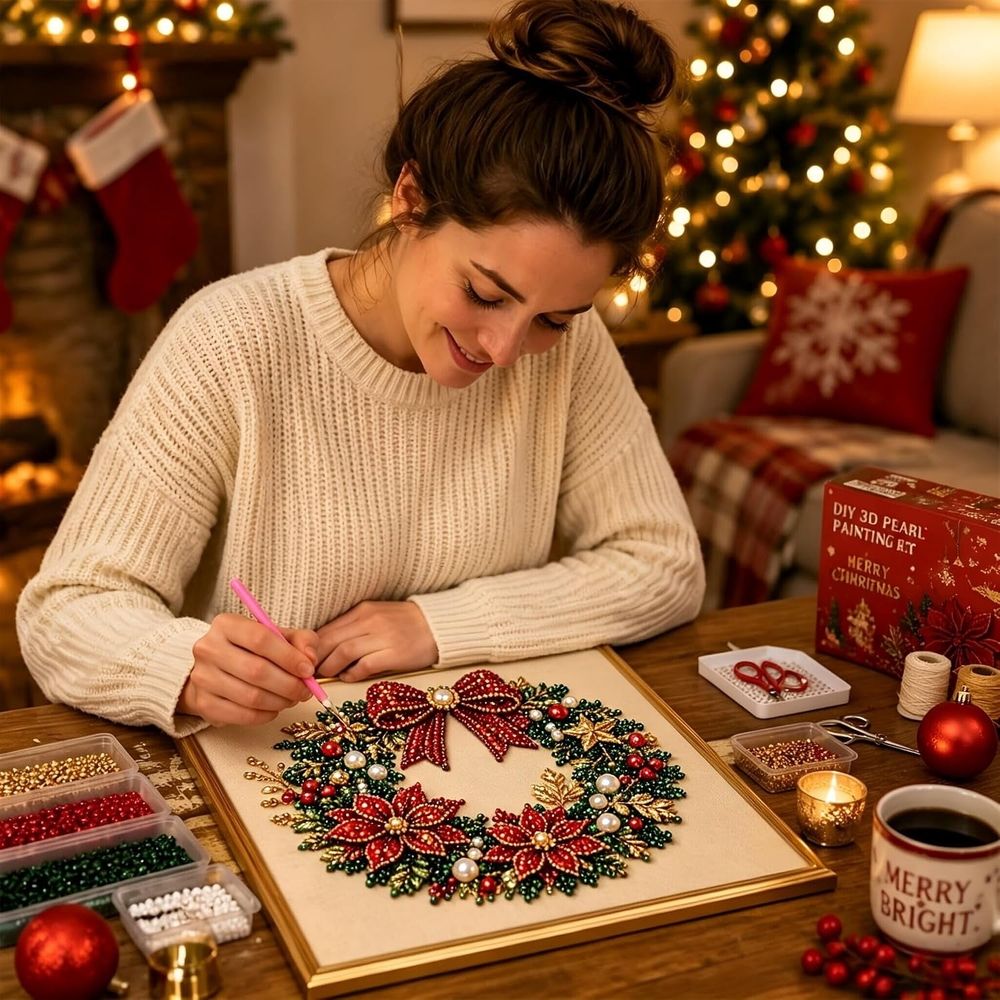 DIY Christmas Pearl Diamond Painting Art Kit with Frame, DIY 3D Pearl Art Craft Kit, Christmas Pearl Beads Art Craft for Adults Beginner, Gemstone Diamond Dots Beads for Home Wall Decor (G(Small))