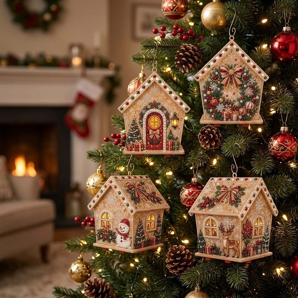 Christmas DIY Pearl Painting Wooden House, Wooden House Pearl Diamond Art Kit, 3D Diamond Handmade Painting Hanging Ornament for Holiday Party Decor & Christmas Trees, #01