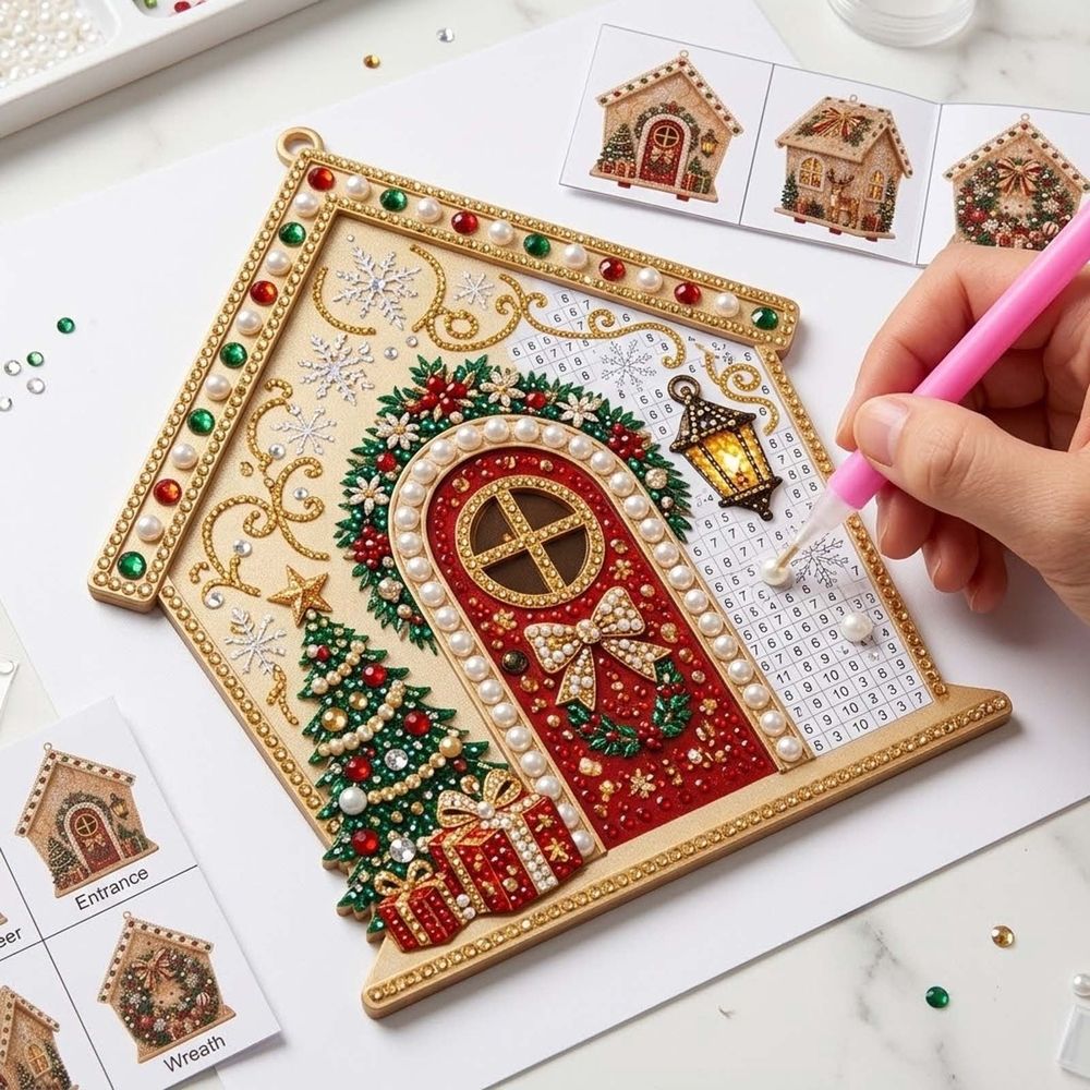 Christmas DIY Pearl Painting Wooden House, Wooden House Pearl Diamond Art Kit, 3D Diamond Handmade Painting Hanging Ornament for Holiday Party Decor & Christmas Trees, #01