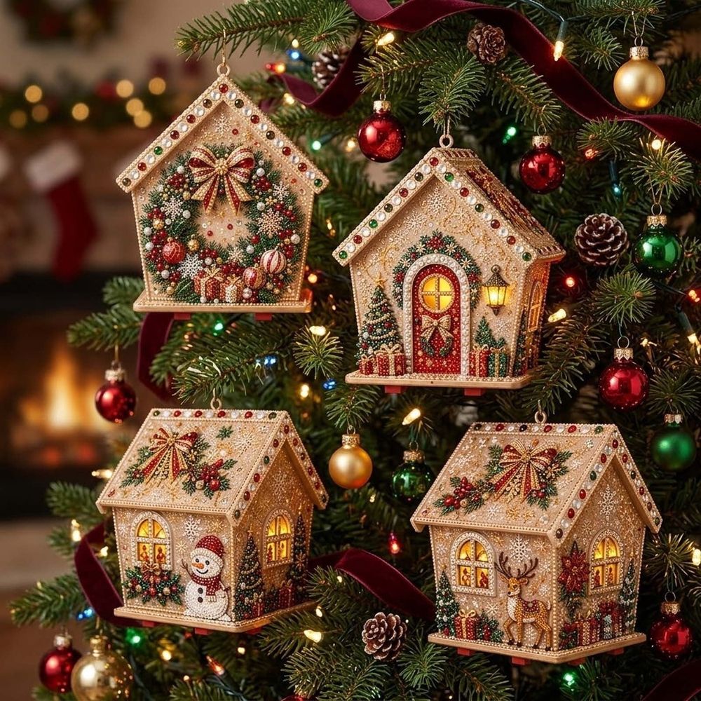 Christmas DIY Pearl Painting Wooden House, Wooden House Pearl Diamond Art Kit, 3D Diamond Handmade Painting Hanging Ornament for Holiday Party Decor & Christmas Trees, #01