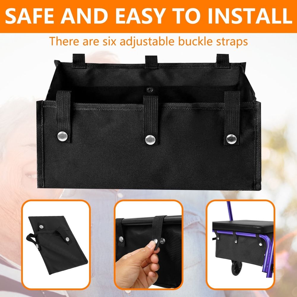 Large roller walker basket with seat insert, foldable Oxford cloth storage bag, multi-purpose under seat carrying bag, with adjustable strap, suitable for four-wheel walkers, seniors, men and women