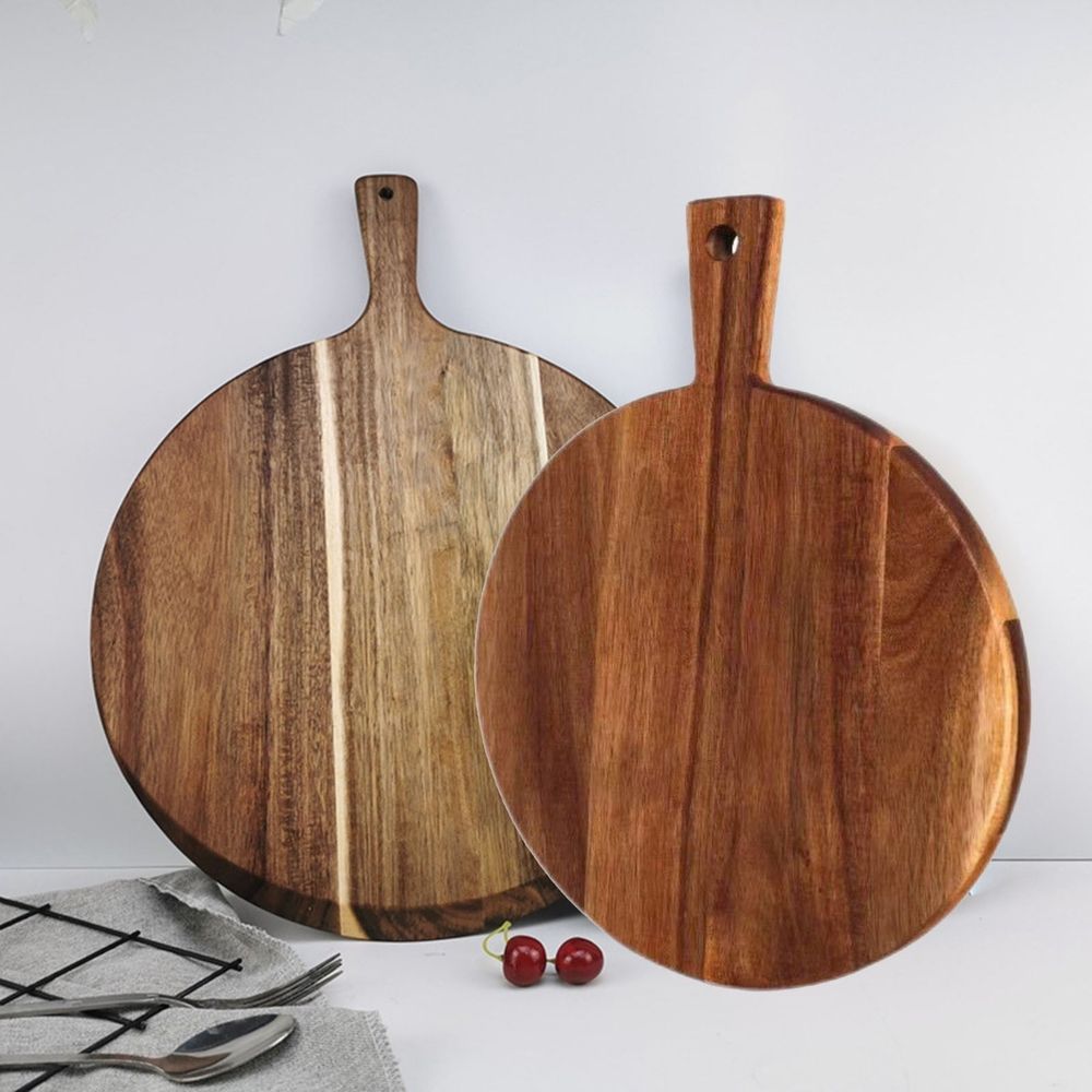 16" Round Wooden Chopping Board | Pizza & Serving Board for Meat, Cheese & Bread | Natural Wood Kitchen Cutting Board with Handle & Hanging Hole