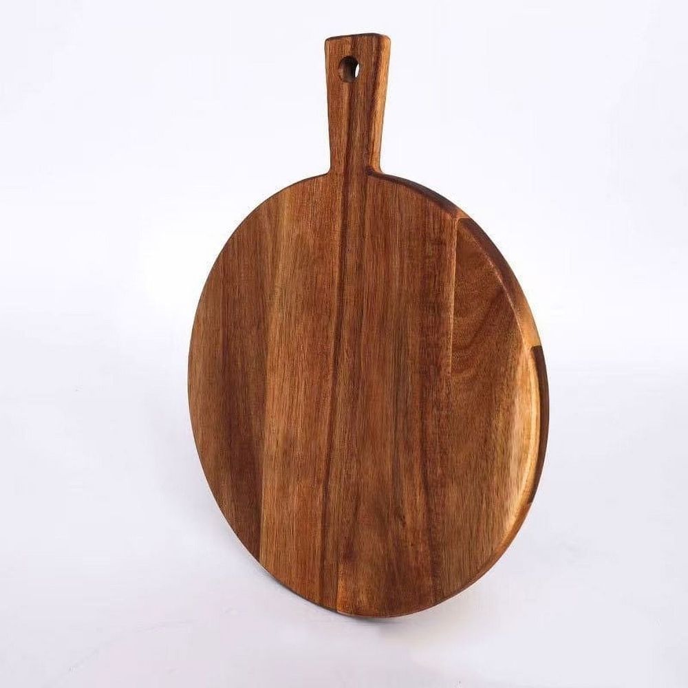 16" Round Wooden Chopping Board | Pizza & Serving Board for Meat, Cheese & Bread | Natural Wood Kitchen Cutting Board with Handle & Hanging Hole
