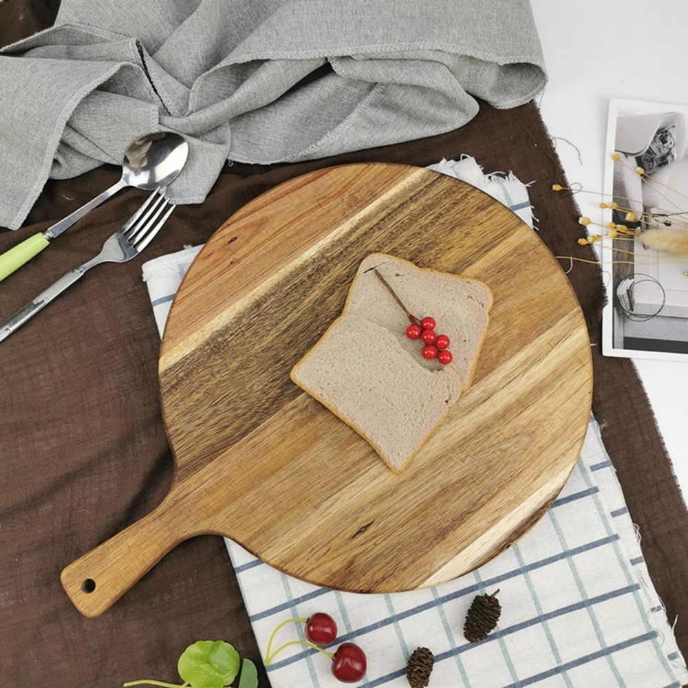 16" Round Wooden Chopping Board | Pizza & Serving Board for Meat, Cheese & Bread | Natural Wood Kitchen Cutting Board with Handle & Hanging Hole